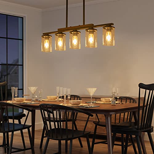Alynzee ZP041 Dining Room Light Fixture,5-Light Kitchen Island Lighting Farmhouse Chandeliers For Dining Room With Clear Glass Shade Rustic Wood Chandelier Kitchen Pendant Light Fixtures Over Table,Black Metal thumb #7