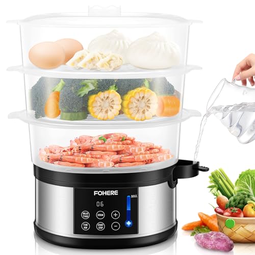 FOHERE Food Steamer for Cooking,13.7QT Vegetable Steamer with Stackable 3 Tiers BPA-Free Baskets,800W Electric Steamer Pot 60-Minute Timer, 24H Delay Start Timer for Veggies Seafood Rice