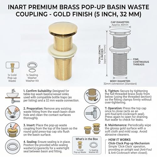 Image of InArt Pop-up Brass Basin Drainer /Waste Coupling /Waste Kit for Bathroom Wash Basin /Vessel Sink 5 Inch Brass Full Threaded Pop Up Waste Coupling 32 MM (Gold)