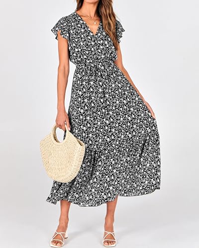 Image of BTFBM Women Summer Bohemian Floral Casual Wrap V Neck Ruffle Cap Sleeveless Belt A-Line Pleated Hem Midi Sun Dress White