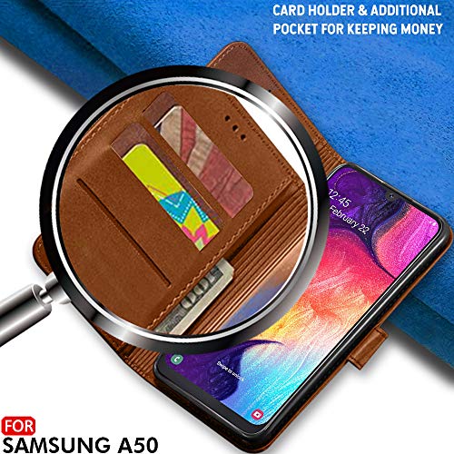 Image of TheGiftKart Genuine Leather Finish Flip Cover for Samsung Galaxy A50s / A50 / A30s | Inside Pockets & Inbuilt Stand | Wallet Style Back Case | Designer Button Magnet Closure (Brown)