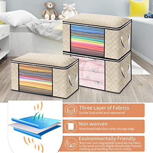 king do way Closet Organizer Clothes Storage Bags Large Capacity Storage Organizers with Reinforced Handle,Stainless Steel Zipper,3 Layer Fabric for Comforters,Bedding,Blankets Clothing (Off White, Storage without Divider,4 Pack)