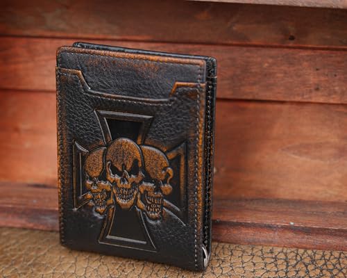 Image of DK86 Mens Skull Slim Wallet with Money Clip Minimalist Bifold Front Pocket wallet for Men RFID Blocking Full Grain Leather with Hand Burnished