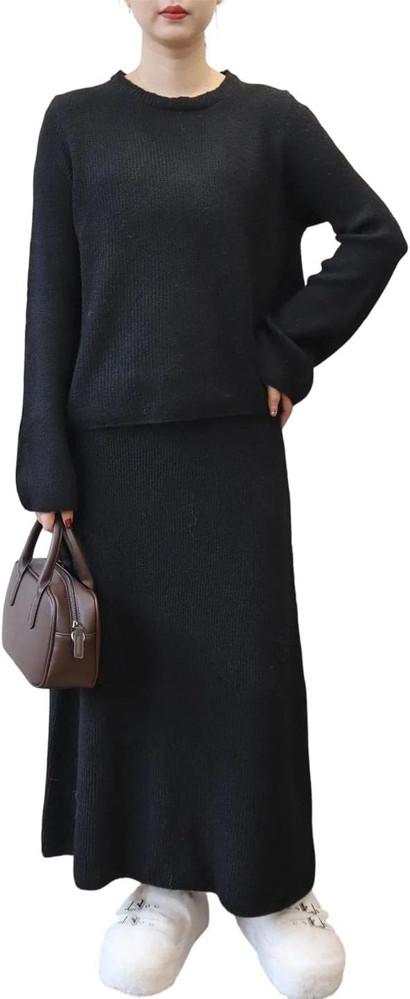 Women Style Trendy Long Sleeve Pullover Knit High White Knitted Skirt