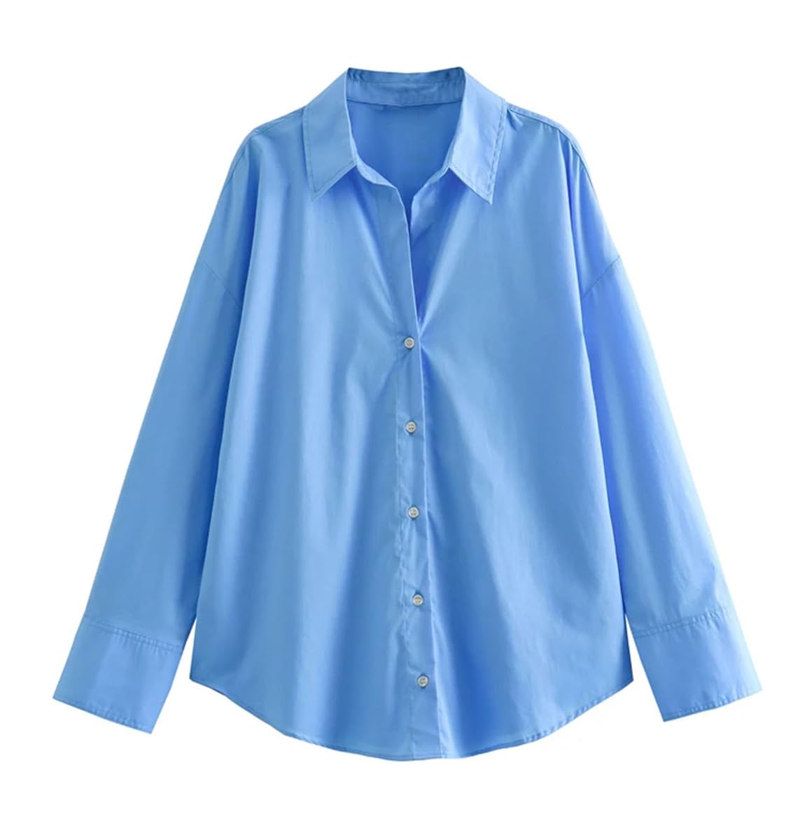 Camisa básica de popelina para mujer, estilo retro, con solapa, manga larga, abotonada, versátil