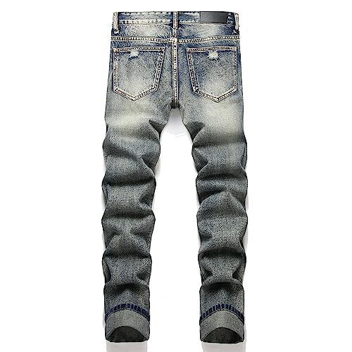 OIIIO Men's Ripped Slim Fit Straight Leg Jean Denim Pant