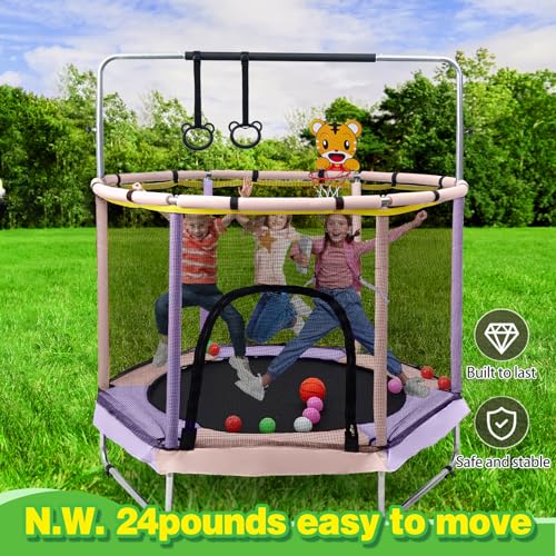 55″ Trampolin für Kinder - Kleinkindtrampolin mit Verstellbarer Turnstange, Sicherheitsnetz für drinnen und draußen, bis zu 100 kg, Geschenk für Jungen und Mädchen (Rosa & Lila)