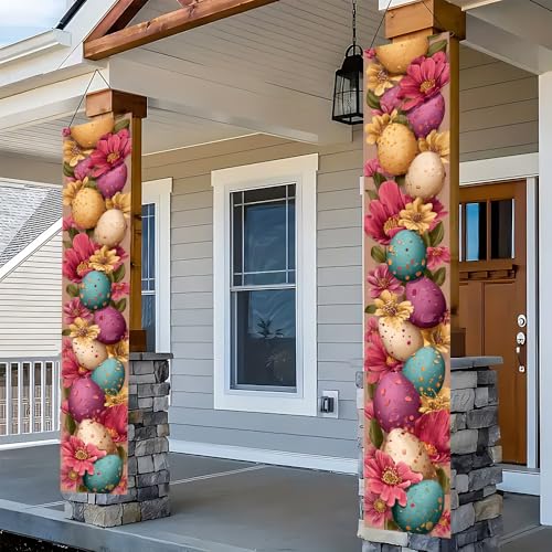 Image of Colorful Floral Easter Egg Banner 2 Pack Vertical 11.81 x 70.87 Inch Floral Egg Pattern Spring Easter Decorations Porch Garden Outdoor Event Display