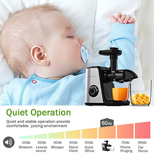 Juicer Machines, Orfeld Slow Masticating Juicer, 7 Segment Spiral for Higher Juice Yield, Cold Press Juicer Easy to Clean, Quiet motor&BPA-Free, Reverse Button&2 Speed Modes for Fruits and Vegetables