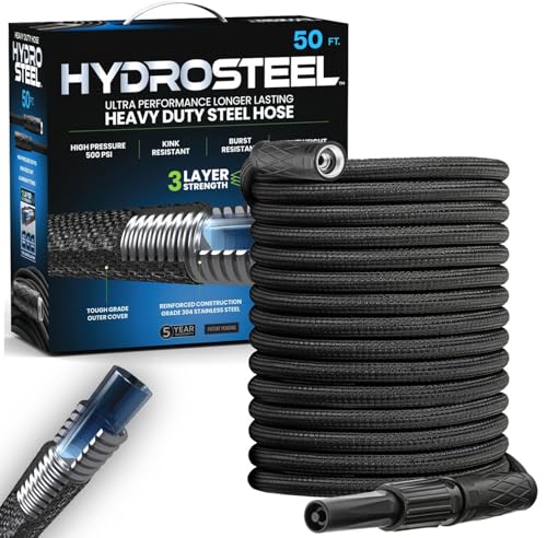 Hydrosteel 50 Ft Garden Hose, 304 Stainless Steel Metal Water Hose 50Ft, Ultra Durable Flexible Lightweight Crush Resistant Fittings Kink & Tangle Free 5/8” Inner Diameter, 500 PSI AS SEEN ON TV