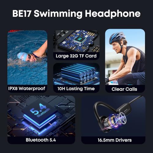 Image of Bone Conduction Headphones IPX8 Swimming Waterproof Dustproof Sweatproof MP3 Player Headset Underwater Music Player 32GB Memory, Open-Ear Wireless Bluetooth 5.4 with Mic for Running, Cycling, black