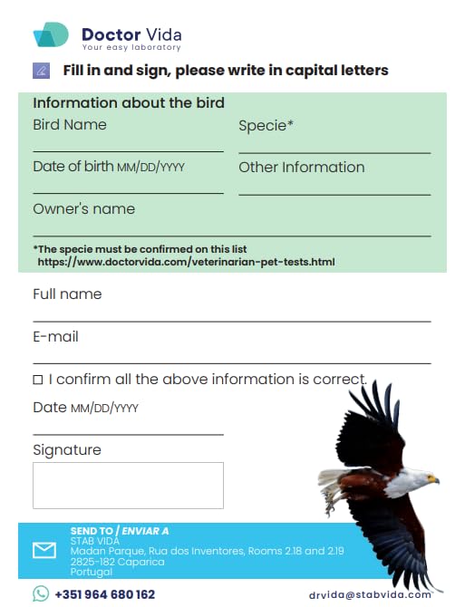 Doctor Vida Pack of 5 Bird Sexing DNA Tests. Gender Reveal Test for Parrots, Lovebirds, Cockatoos, African Grey,Macaw, Cockatiels, Parakeets, Eagles, Owls + 1000 Species. Avian Sexing DNA Testing.