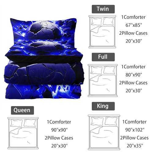 Image of Nttopship Soccer Bedding Comforter Set King Size for Kids Teens and Adults, Blue and Black Football Printed Bedding Sets 3 PCS,Ball Sports Themed Bedroom Decor with 1 Comforter and 2 Pillowcases