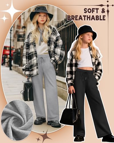 3 Pack Girls' Sweatpants Wide Leg Drawstring Casual Kids Joggers Open Bottom Loose Solid Teen Pants with Pockets4