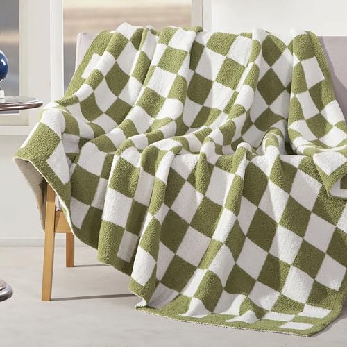 Image of Elegant Comfort Checkered Throw Blanket, Sage Green Super Soft Cozy Fluffy Warm Throw Blankets for Couch, Sofa, Chair, Bed, Camping, Picnic, Travel Lightweight Bed Blanket (50 inch x 70 inch)