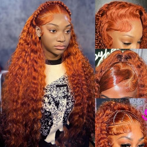Image of 34 Inch Ginger Deep Wave Lace Front Wigs Human Hair 13x4 HD Lace Frontal Wig Human Hair 350 Burnt Orange Wet Wavy Curly Wig Human Hair Pre Plucked with Baby Hair 180 Density Water Wave Wig for Women