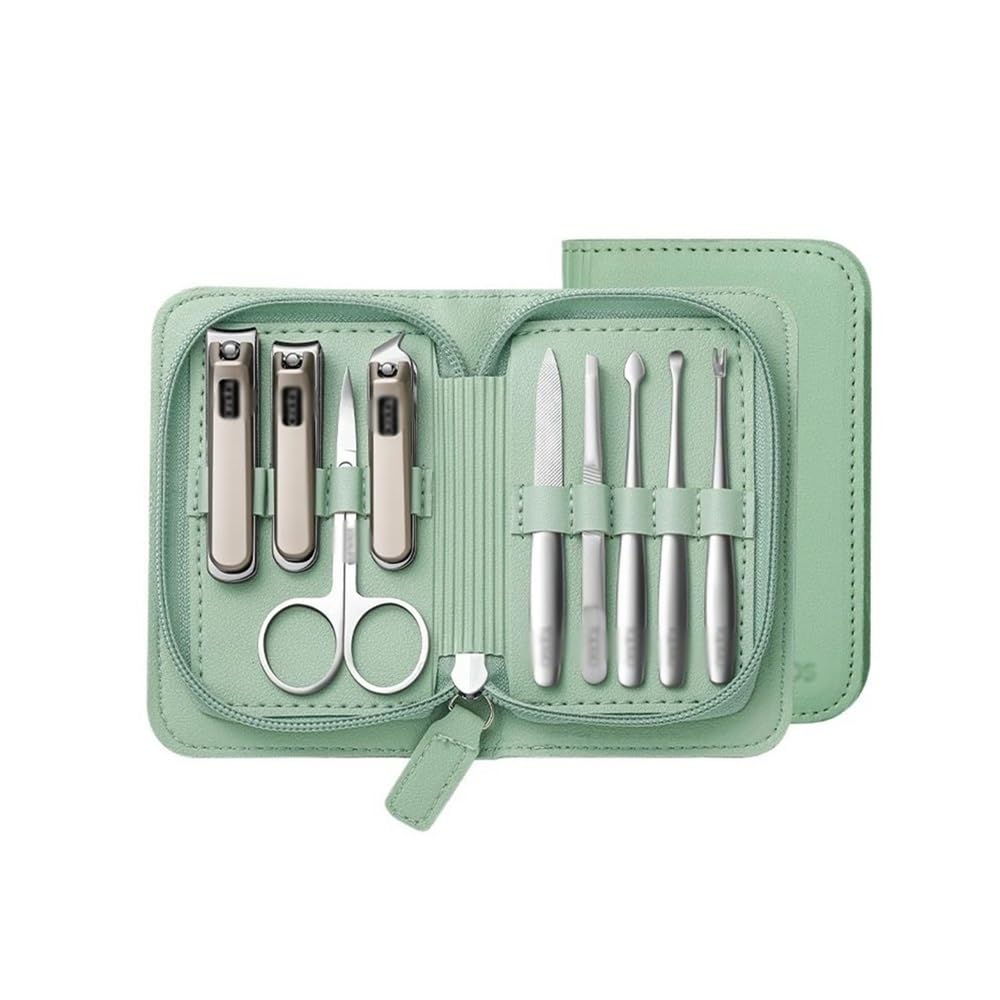 Kit de manicura, Juego de cortaúñas de Acero Inoxidable Verde, para el hogar, portátil, Herramienta para Recortar la Piel Muerta, 9 Piezas, Ideal para Viajes.