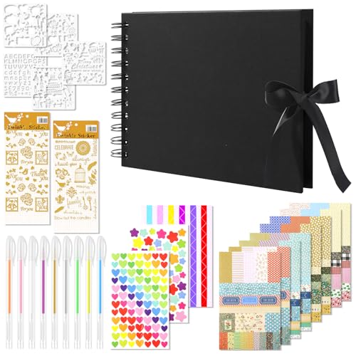 Scrapbook Photo Album for Sticking and Writing Personalised DIY Memory Book Kit 8.46 x 5.9 in with 60 Black Pages 9 Gel Pens and Stickers for Wedding Anniversary Baby Gift (Black DIY Kit)