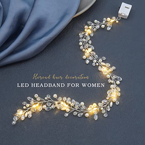 Heread Led Wedding Headpiece Silver Light Up Rhinestones Bridal Hair Vine Luminous Pearl Headband Party Festival Hair Accessorieis For Women And Brides #TOP1