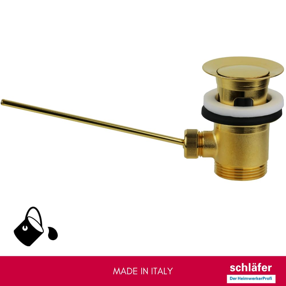 Schläfer 40510110 | Piletta Universale Dorata con Tappo Saltarello in Metallo Pesante per Scarico Lavabo Bagno e Bidet 1"1/4 con Troppopieno. Finitura PVD Oro Lucido