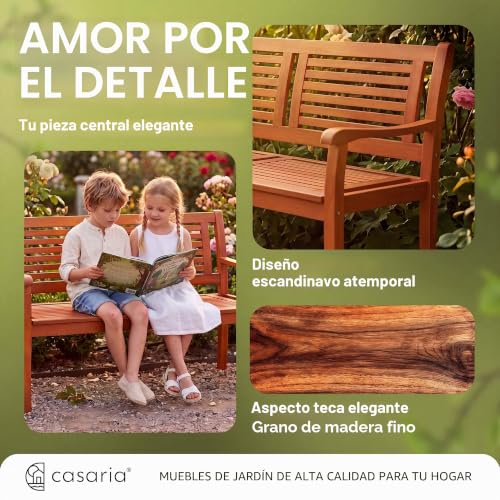 Banco de jardín de madera de eucalipto Casaria con reposabrazos para terraza de 2 plazas 8