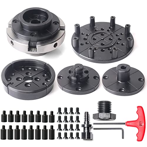FJL FORCE Lathe Chuck Sets 4 Inch, Wood Lathe Chuck 5 Interchangeable 4-Jaw Wood Turning Lathe Nickel Plated Chuck, 1"x8Tpi Thread & 3/4"x16Tpi Adapter(Chuck Set)