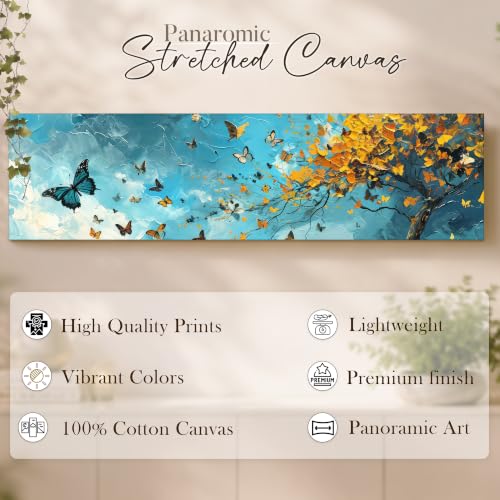 Image of Large Stretched Canvas Painting, Panel Wall Painting Blue and Yellow Butterfly Tree Luxury Paintings for Home Decoration, Living room, Bedroom and Office Decor (Blue, 12x46 Inch)