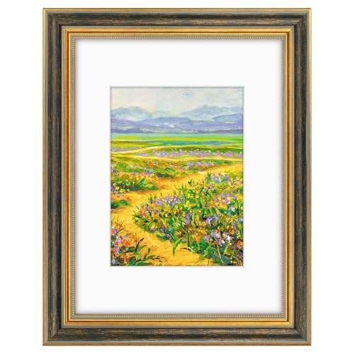Image of Golden State Art,9x12 Ornate Picture Frame Holds 6x8 Photo,Black Gold | Includes real glass front,white mat,build-in hangers and buttons.Displays 6x8 photo on wall