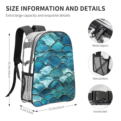 Fish Scale Ocean Print Work Travel Stadium Events Transparent Backpack PVC Clear Bag Large Side Pockets4