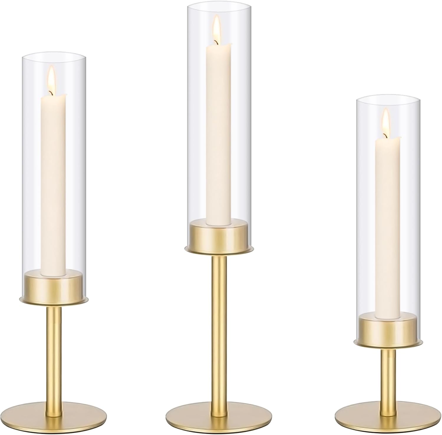 Gold Hurricane Candle Holders, Taper Glass Cover Candlestick, Tall Brass Candle Stick Decor for Table, Centerpiece, Wedding, Dinning, Party on Indoor and Outdoor, Set of 3