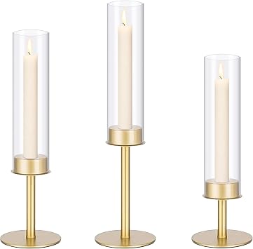 Gold Hurricane Candle Holders, Taper Glass Cover Candlestick, Tall Brass Candle Stick Decor for Table, Centerpiece, Wedding, Dinning, Party on Indoor and Outdoor, Set of 3