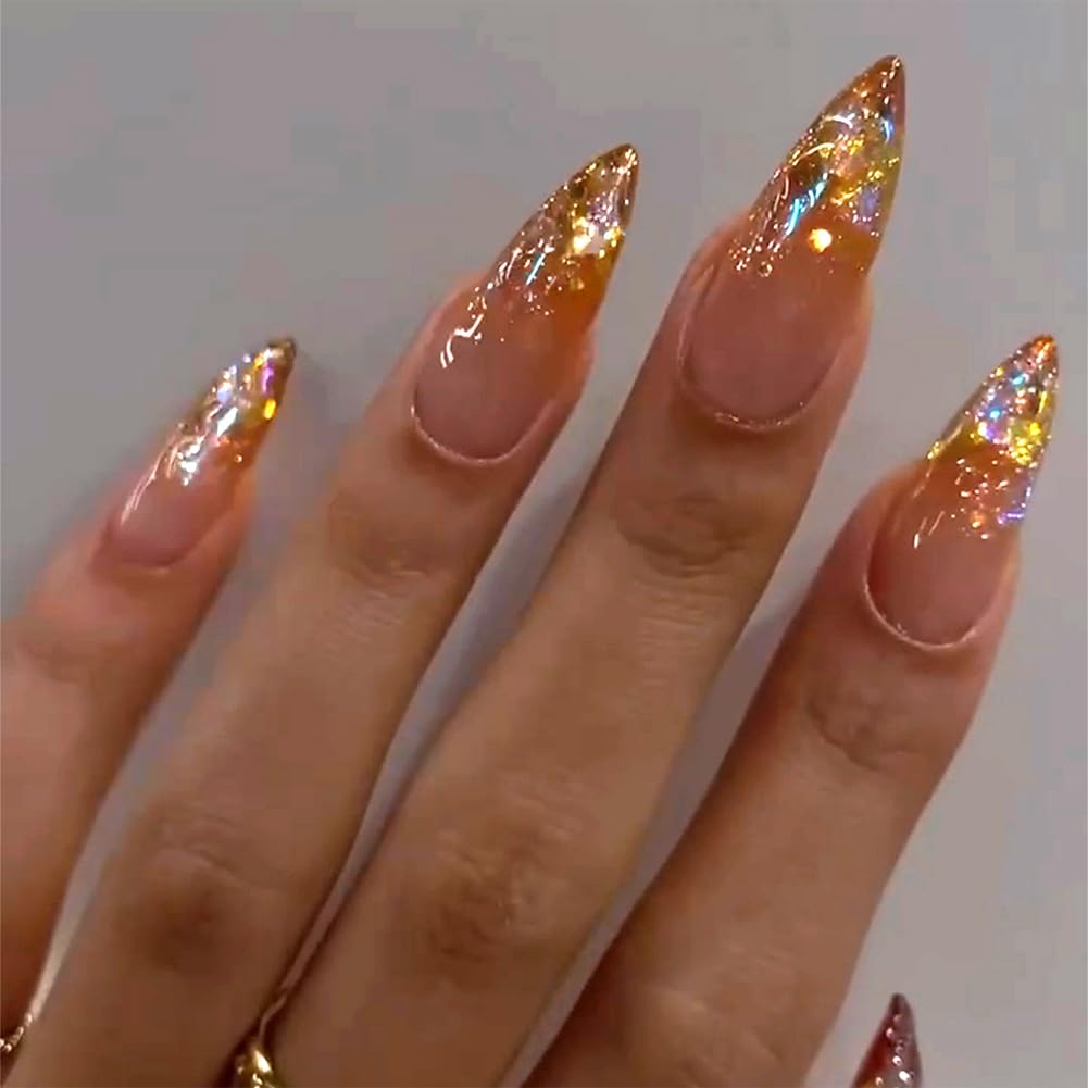 Hrnsnails Nail Press ons, Almond Press On Nails Medium Length Girls Fake Nails with Gold Glitter French Tip Aurora Diamond Design, Acrylic Artificial