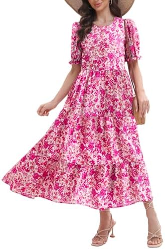 2025 Women’s Boho Floral Maxi Dress Flowy Beach Loose Long Dresses for Vacation
