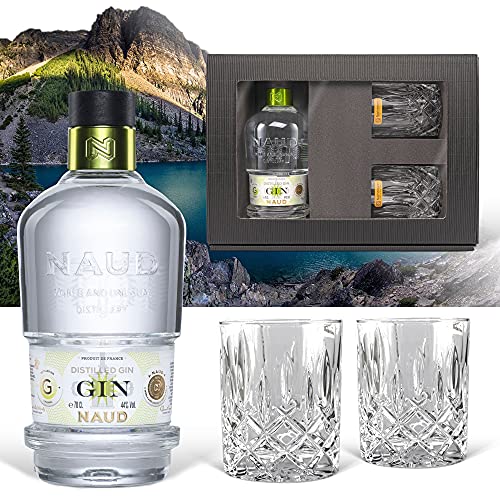 Naud Dry Gin (0,7 l) Geschenk inkl. 2 Tumblern in der Geschenkbox - der Geheimtipp unter Kennern! Experte, Genießer, Designer-Flasche