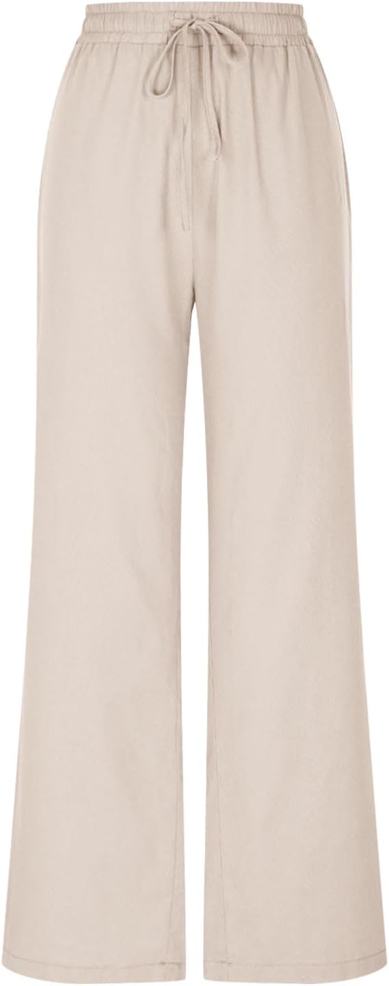 Womens Cotton Linen Wide Leg Beach Pants Loose Trousers with Drawstring Elastic Waist Solid Color Resort Outfits