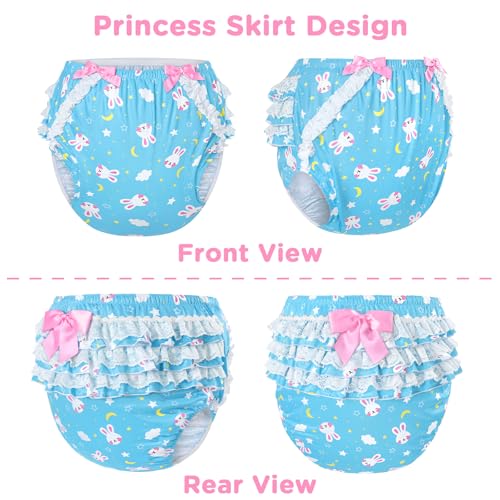 Image of LittleForBig Silky Washable Reusable Waterproof Ruffled Lace Bow Snuggle Bunny Pattern Ruffle Adult Diaper Cover M
