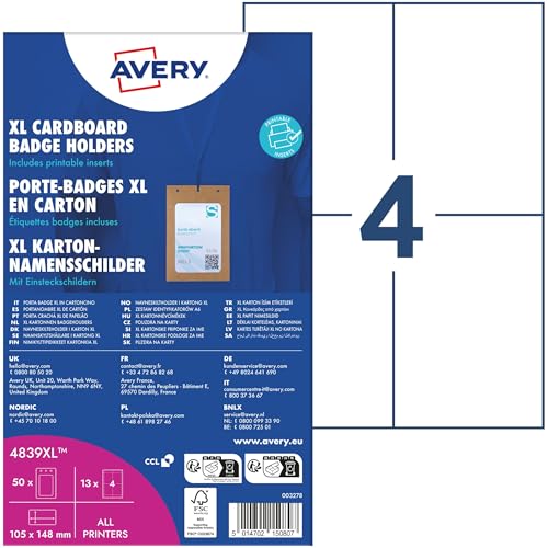 Pochettes porte-badges A6 carton inserts imprimables Avery pour badge grand format