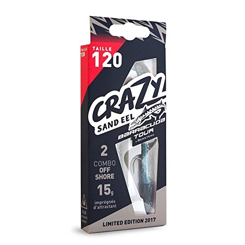 Crazy Sand Eel Fiiish Lures 120 Doble Combo Barracuda Tour- Señuelo Blando de Vinilo para Pesca Spinning o Jigging en Mar o Agua Dulce - 2 Cuerpos 12cm Azul y Plata + 1 Cabeza de 15g