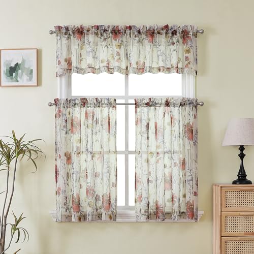 Image of OWENIE Crushed Valance Sheer Curtains 14 Inches Length 2 PCS, Small Modern Printed Kitchen Valance Living Room Bathroom, Light Filtering Curtains, Rod Pocket Top Window Treatment Decor, 42Wx14L