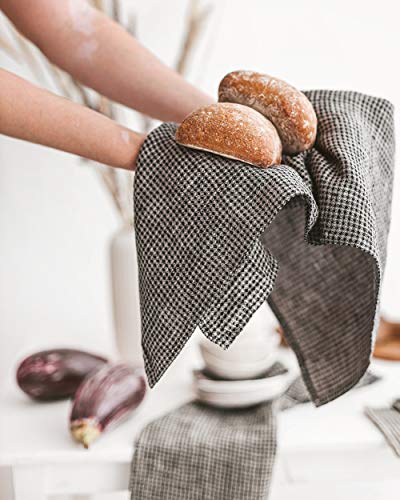 Pure 100% Linen Kitchen Towels - Set Of 2 Linen Tea Towels Waffle Weave Black-Natural - 13 X 29-Inch Soft Lightweight Stone-Washed Linen Dish Towels - Quick-Dry Linen Hand Towel - Kitchen Linens #TOP6