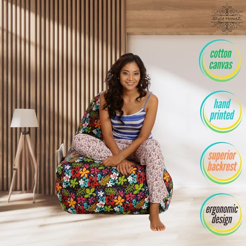 Image of Style Homez Hackey Cotton Canvas Floral Printed Bean Bag XXL Size Filled with Beans Fillers