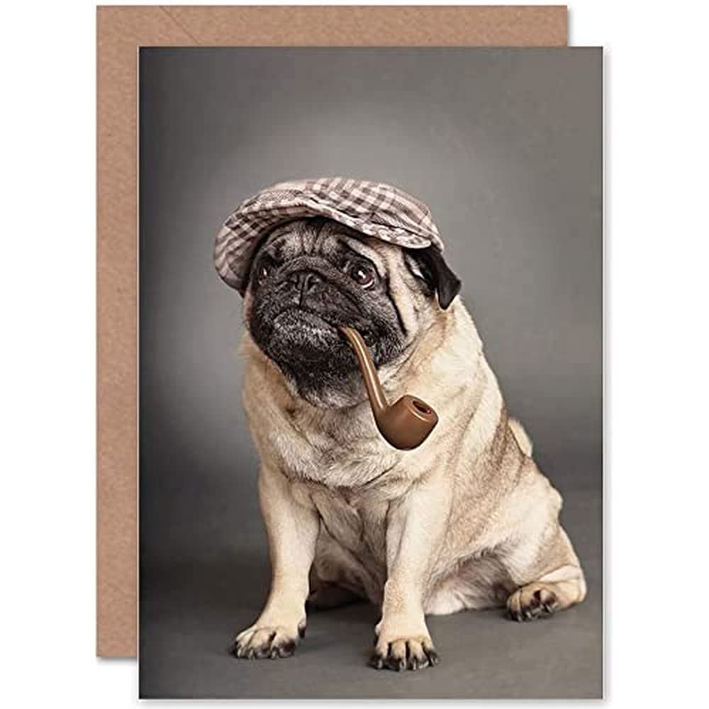 Wee Blue Coo CARD GREETING SNAPPY PUG PUPPY DOG SMOKING PIPE GIFT
