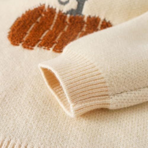 Kids Pumpkin Knit Sweater, Cream Color, Fall Holiday Design4