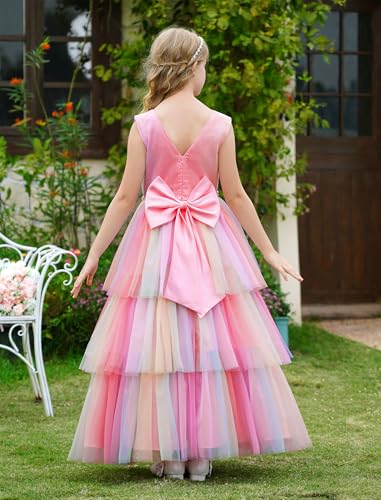 IDOPIP Flower Girls Tulle V-Neck Bowknot Dress for Kids Long A Line Wedding Pageant Dresses Princess Birthday Party Ball Gown4