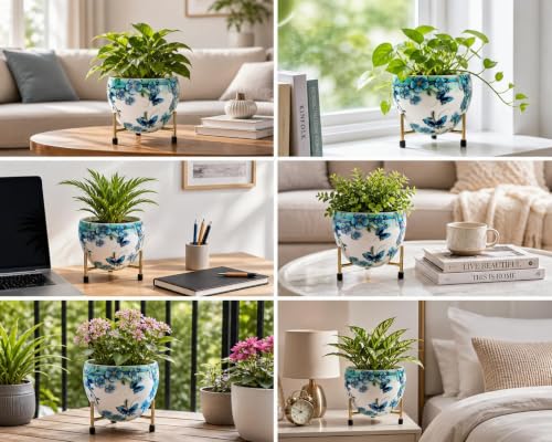 Image of Metal Flower Vase Planter with Iron Stand | Blue Floral & Butterfly Prints Decorative Indoor Plant Pot for Home Decor | Ideal for Succulents & Small Plants | 6x6x6 Inches