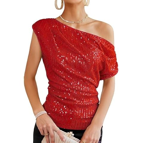 Giovacker Womens One Shoulder Sequined Tops Slim Fitted Fashion Ruched Sparkly Glitter T-Shirts Blouse Rave Party Outfits, Red/S Cover
