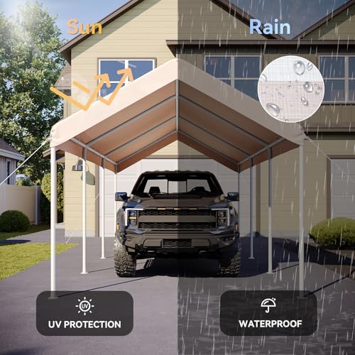 Image of Aoxun 10x20 FT Carport, Heavy Duty Car Canopy Portable Garage, Khaki