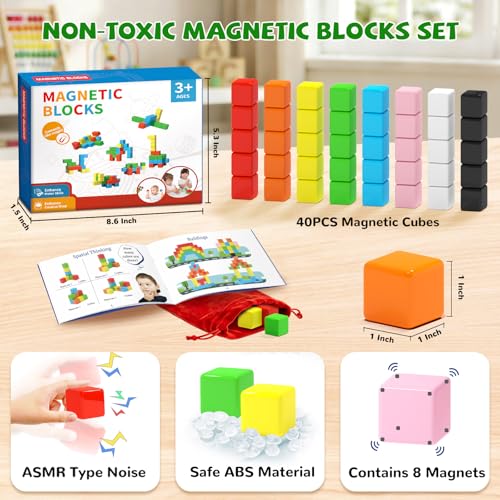 Image of Hiwawind 40pcs Magnetic Blocks -Ideal Gifts for 3 4 5 6 Year Old,STEM Learning Toys for 3-5 Year Old Boys & Girls, Safe & Strong Building Blocks with ASMR Sounds,Classroom Must Haves