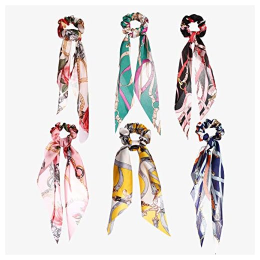 Hair Scrunchies Silk Satin,Hair Scarf with Flower Pattern Ponytail Holder Ties Vintage,Travel Style Elastic Hair Bands,Hair Accessories for Women Girls 6Pcs