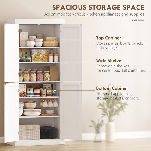Image of HOMCOM 72.5 inch Tall Kitchen Pantry Cabinet, Freestanding Modern Farmhouse Kitchen Storage Cabinet with 4 Doors and 2 Adjustable Shelves for Dining Room, White Wood Grain
